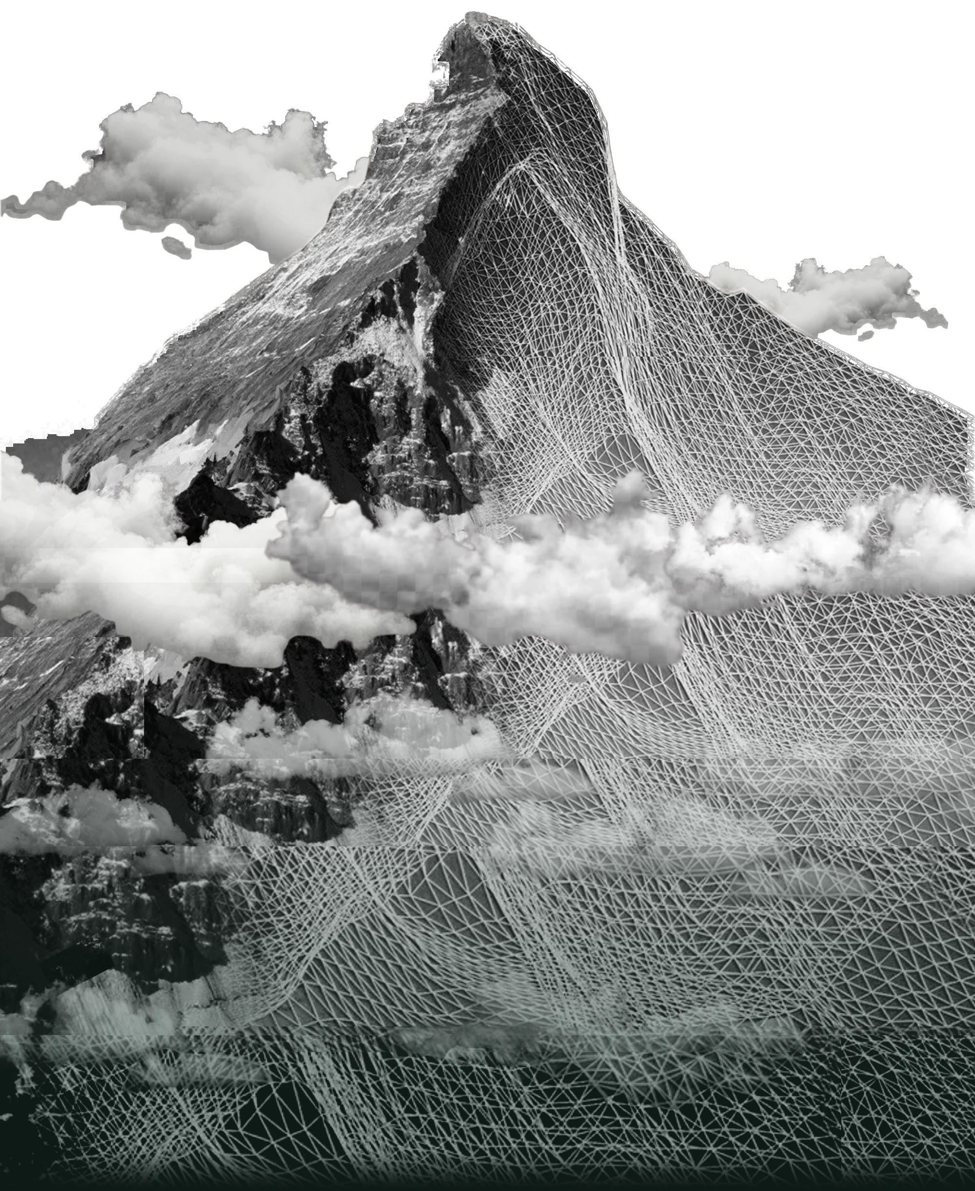 A peak drawn half as rock and half as a wireframe mesh, its slopes running down through cloud into the dark